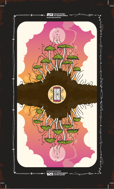 A mirrored sunset in hues of pink and orange framed with clouds on either side sets a backdrop for a mound of dirt with mushrooms sprouting out. At the center is a smart phone device with a cracked screen.